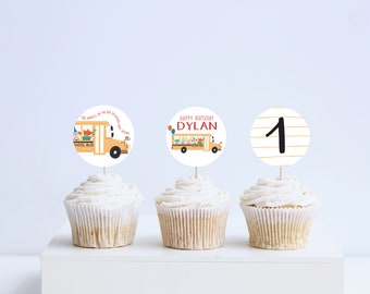 Wheels on the Bus Birthday Party Cupcake Toppers, Stickers, School Bus, Back to School Theme, Printable, Editable, INSTANT DOWNLOAD