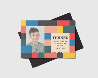 Building Blocks Birthday Photo Thank You Card, Building Bricks, Printable, Editable, INSTANT DOWNLOAD