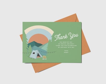 May include: A green thank you card with a camping scene. The card features a tent, a campfire, mountains, and a sunset. The text on the card reads "Thank You" and "You made my day so special and neat! Thank you for celebrating my birthday with me! xoxo Henry".