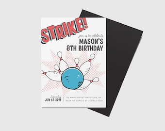 Invitación para fiesta de cumpleaños con temática de bolos: ¡Golpe! (Imprimible, editable, descarga instantánea)