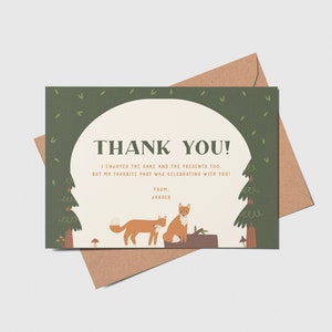 Little Fox Birthday Party Thank You Card, Woodland Animals, Foxes, Forest Animals Theme, Printable, Editable, INSTANT DOWNLOAD