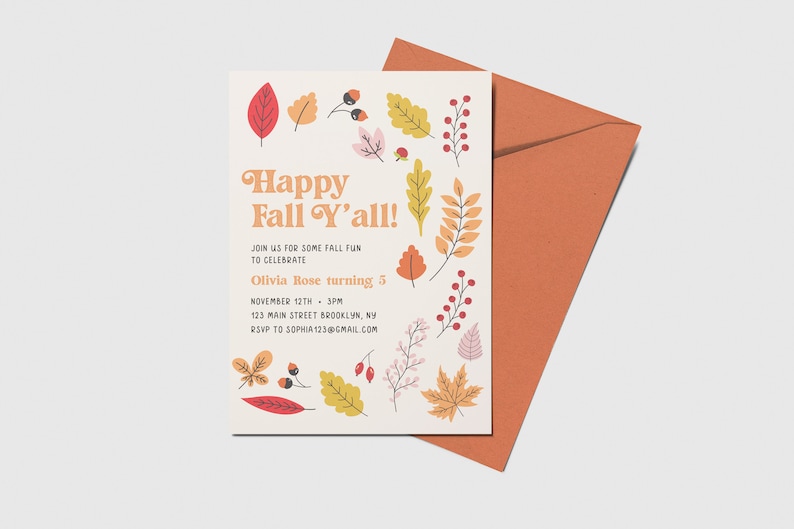 Happy Fall Y'all Birthday Party Invitation, Fall Leaves, Thanksgiving, Friendsgiving, Printable, Editable, INSTANT DOWNLOAD image 1