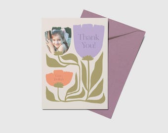 Floral Photo Thank You Card: Modern Spring Birthday (Printable, Editable)