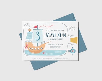 May include: A blue and yellow birthday invitation with a cartoon ship and the text "Calling all pirates Jameson is turning three!"  September 26 at 5pm 125 Main Street Brooklyn, NY Please RSVP by September 1st to Alex at 212.555.1234