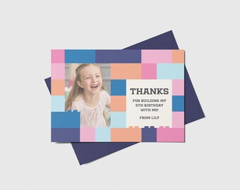 Building Blocks Birthday Photo Thank You Card, Building Bricks, Printable, Editable, INSTANT DOWNLOAD