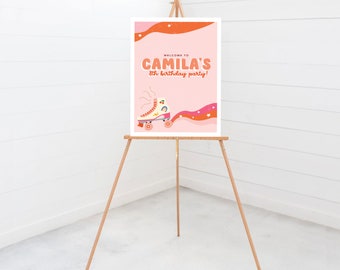 May include: A pink and orange birthday party sign with the text "Welcome to Camila's 8th birthday party!" and a cartoon roller skate with stars and swirls.