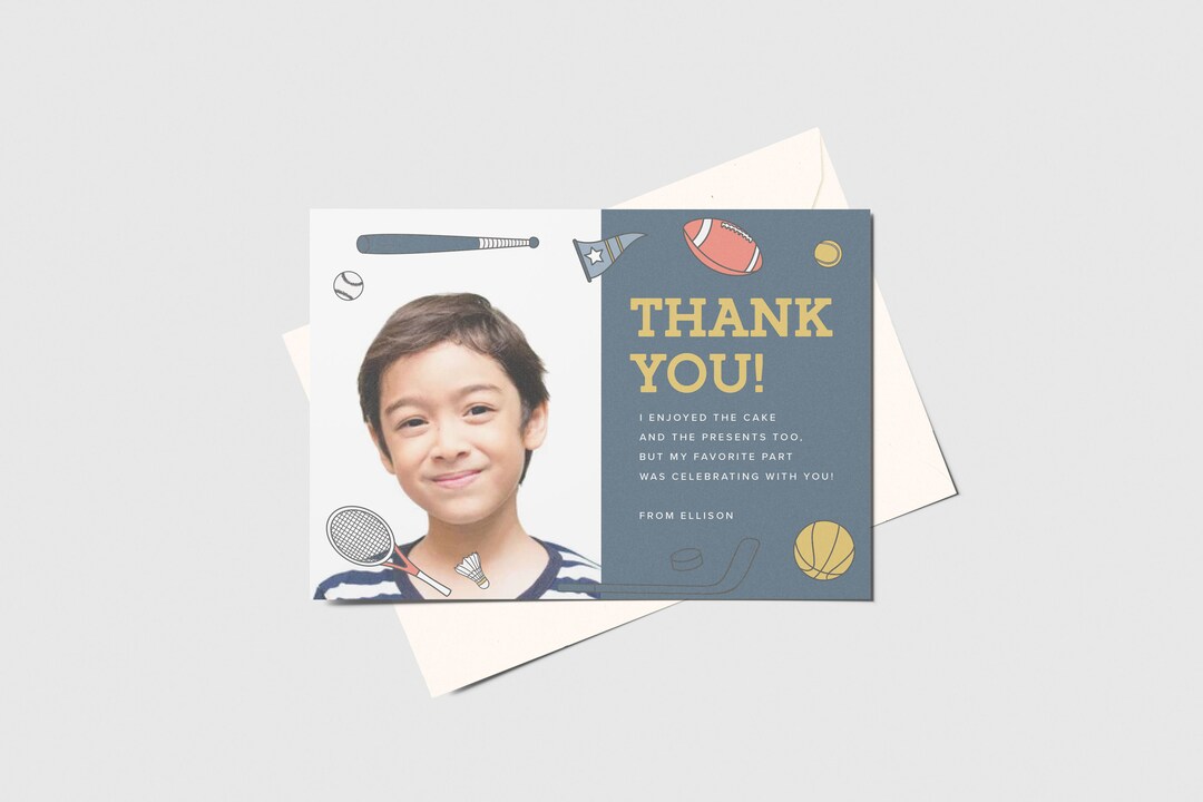 Sports Birthday Party Thank You Card With Photo, Printable, Editable ...