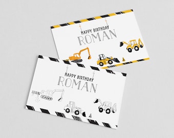 May include: Two printable cards with a construction theme. The cards are white with black and yellow stripes. The text on the cards reads "Happy Birthday Roman". The cards feature illustrations of construction vehicles.