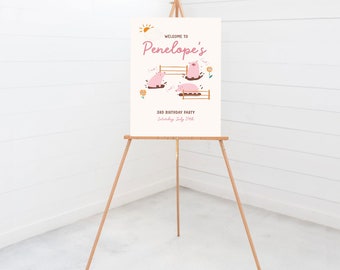 May include: Welcome to Penelope's 3rd Birthday Party sign with a sun, flowers, and pink pigs playing in a pen. The sign is on a wooden easel.