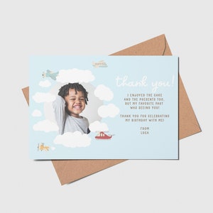 Airplane Birthday Party Thank You Card with Photo, 1st Birthday, Biplane, Plane, Helicopter, Printable, Editable, INSTANT DOWNLOAD