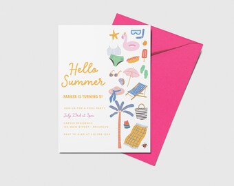 Hello Summer Birthday Invitation, Summer Celebration, Swimming, Pink, Printable, Editable, INSTANT DOWNLOAD