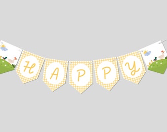 Puede incluir: Una pancarta de vichy amarilla y blanca con la palabra "HAPPY" en letras amarillas. La pancarta tiene un tema de animales de granja con imágenes de patos y una gallina en cada extremo.