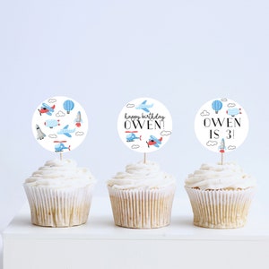 Airplane Birthday Party Cupcake Toppers, Stickers, Biplane, Plane, Helicopter, Time Flies, Printable, Editable, INSTANT DOWNLOAD