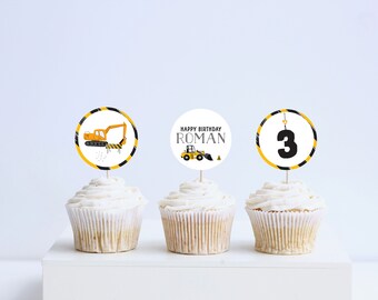 Construction Birthday Party Cupcake Toppers, Stickers, Printable, Editable,  INSTANT DOWNLOAD