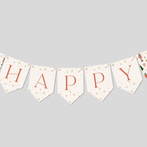 Puede incluir: Una pancarta blanca con un mensaje "HAPPY" en rojo. La pancarta está decorada con un patrón repetido de figuras de cascanueces y bailarinas.