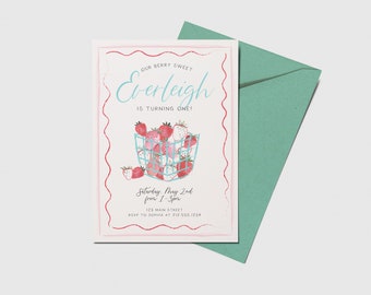 Berry First Birthday Invitation: Strawberry Party, Editable (Digital Download)