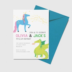 Unicorn Party, Dragon Birthday Invitation, Joint Birthday Party, Printable, Editable, INSTANT DOWNLOAD