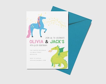 Unicorn Dragon Birthday Invitation: Joint Party, Editable (Digital Download)