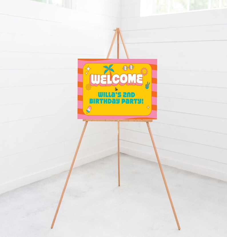 May include: Welcome to Willa's 2nd Birthday Party! A yellow and pink welcome sign with a palm tree, sunglasses, and peace sign graphics.
