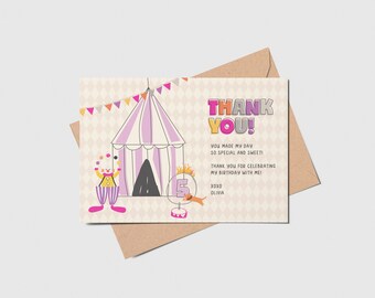 May include: A pink and white striped circus tent with a clown juggling balls, a dog, and a number 5. The text "THANK YOU!" is in large, colorful letters. The text "You made my day so special and sweet! Thank you for celebrating my birthday with me. XOXD Olivia" is below the tent.