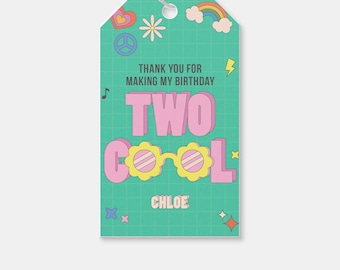 Two Birthday Thank You Tag, Retro Party Favor (Editable Printable Instant Download)