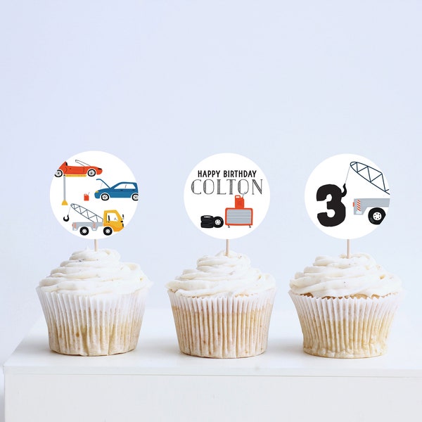 Mechanic Birthday Party Cupcake Toppers, Stickers, Decorations, Auto Repair Shop, Car Garage, Printable, Editable, INSTANT DOWNLOAD