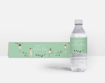 May include: Water bottle label with a green background and white text that says "Happy Birthday Harlow". The label features a design of three girls in ballet poses with floral accents.