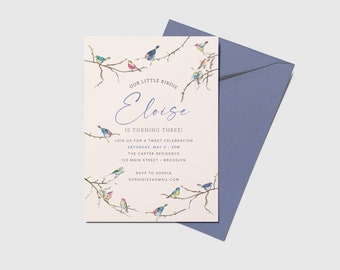 Little Birdie Birthday Party Invitation, Birds, Printable, Editable, INSTANT DOWNLOAD