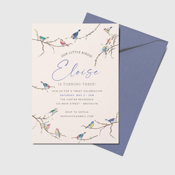 Little Birdie Birthday Party Invitation, Birds, Printable, Editable, INSTANT DOWNLOAD