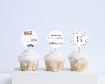 Emergency Vehicles Birthday Cupcake Toppers: Fire Truck, Police Car (Printable, Editable, Instant Download)