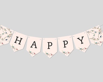 May include: A pink and white banner with a bird pattern and the word "HAPPY" in black letters.