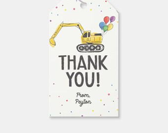 May include: Yellow construction vehicle with a scoop and balloons attached to the back. The vehicle is on a white background with colorful confetti. The text "THANK YOU!" and "From, Peyton" is printed below the vehicle.