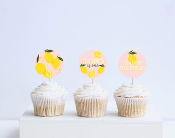 Lemonade Birthday Party Cupcake Toppers, Stickers, Lemonade Birthday, Pink Lemonade, Printable, Editable, INSTANT DOWNLOAD