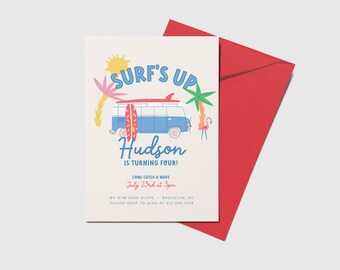 May include: A colorful invitation for a birthday party with the text "Surf's Up" and "Hudson is turning four!"  The invitation features a blue and white van with surfboards on top, palm trees, and a pink flamingo. The text "Come catch a wave" is written in pink, and the date and time of the party are listed below. The location is listed as "My Gym Park Slope, Brooklyn, NY" and the RSVP information is listed below.