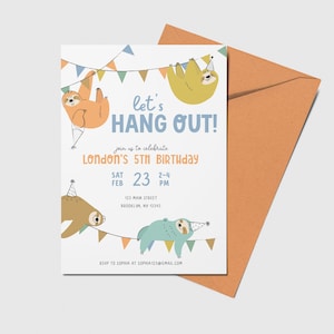 Sloth Birthday Party Invitation, Let's Hang Out, Sloth Birthday Theme, Printable, Editable, INSTANT DOWNLOAD