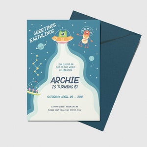 Aliens Birthday Party Invitation, Greetings Earthlings, Outer Space, Extraterrestrial, Printable, Editable, INSTANT DOWNLOAD
