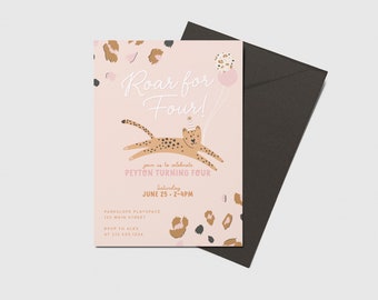 May include: A pink birthday invitation with a playful design. The text "Roar for Four!" is displayed above a cartoon cheetah. The invitation includes event details and is accompanied by a dark gray envelope.
