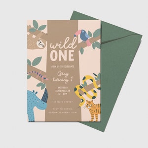 Wild One Birthday Party Invite, Jungle Animals, Safari Theme, 1st Birthday, Party Animal, Printable, Editable, INSTANT DOWNLOAD