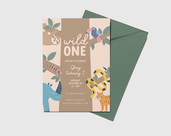 Wild One Birthday Invitation: Jungle Safari Animals (Digital Download)