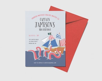 May include: A blue and white invitation with a cartoon pirate ship and an octopus. The invitation reads "ARRRGH MATEYS! YOU'RE INVITED TO CAPTAIN JAMESON'S 3RD BIRTHDAY" and includes the date, time, location, and RSVP information.