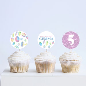 Gems Birthday Party Cupcake Toppers, Stickers, Gemstone, Crystals, Geode Rocks, Printable, Editable, INSTANT DOWNLOAD