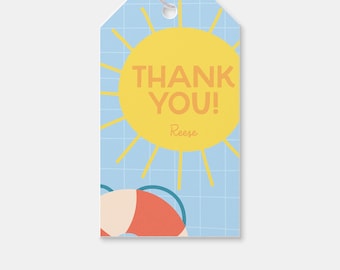 May include: A blue and yellow thank you tag with a sun graphic and the text "Thank You! Reese".
