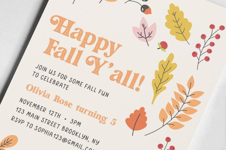 Happy Fall Y'all Birthday Party Invitation, Fall Leaves, Thanksgiving, Friendsgiving, Printable, Editable, INSTANT DOWNLOAD image 4