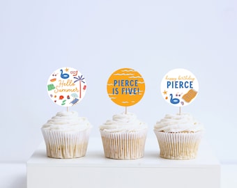 Hello Summer Cupcake Toppers: Swimming Party Decor (Printable, Editable, INSTANT DOWNLOAD)