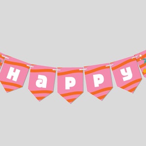 May include: Pink and orange striped banner with the word "HAPPY" in white letters. The banner has a summer theme with palm trees, sunglasses, and ice cream cones.