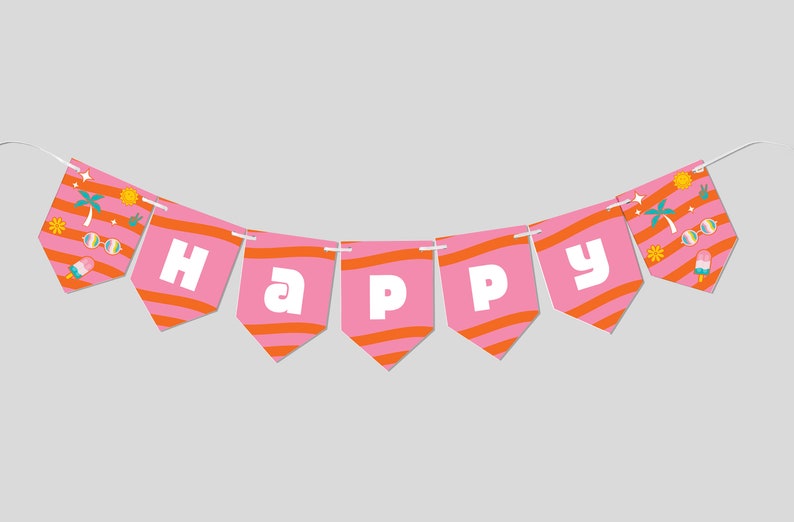 May include: Pink and orange striped banner with the word "HAPPY" in white letters. The banner has a summer theme with palm trees, sunglasses, and ice cream cones.