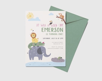 Wild One Safari Birthday Invitation: Party Animals, First Birthday (Digital Download)