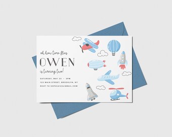 Airplane Birthday Party Invitation, Biplane, Plane, Helicopter, Time Flies, Printable, Editable, INSTANT DOWNLOAD
