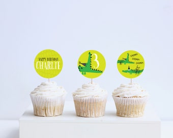 Alligator Birthday Party Cupcake Toppers, Stickers, Crocodile, Party in the Swamp, Chomp, Printable, Editable, INSTANT DOWNLOAD