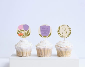Spring Flower Birthday Cupcake Toppers: Boho Floral Stickers (Digital Download)